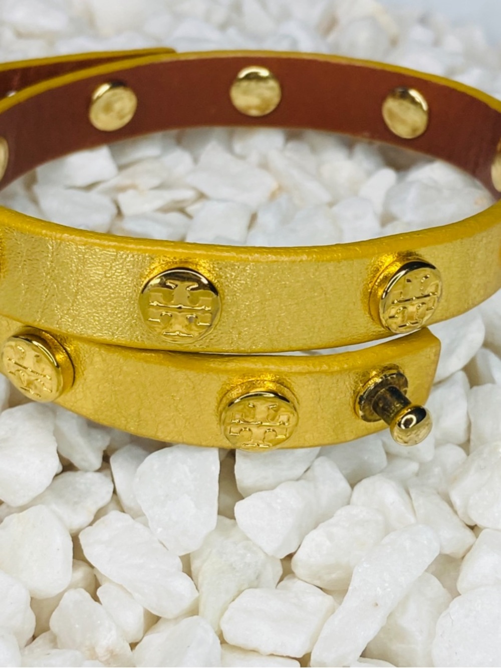 Tory Burch Metallic Gold Double Wrap Logo Stud Bracelet comes w pouch - Picture 2 of 5